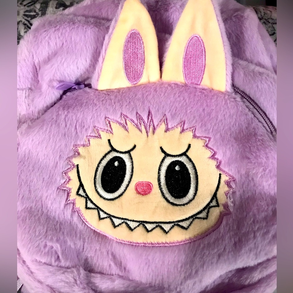 Labubu Lilac Plush Bunny Monster Backpack with Yellow Face Accent